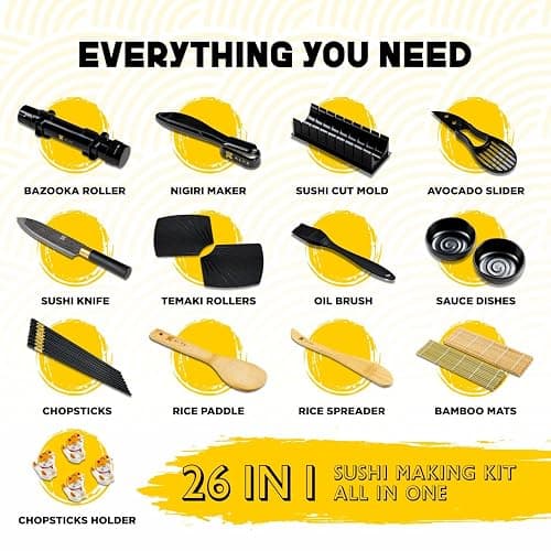 Alas Sushi Making Kit- Complete Sushi Making Kit for Beginners & Pros Sushi Makers, Perfect Sushi Making Kitchen Accessories Like Sushi Knife, 2 Sushi Mats, Rice Bazooka, Dipping Plate, & More (Black) thumbnail 7