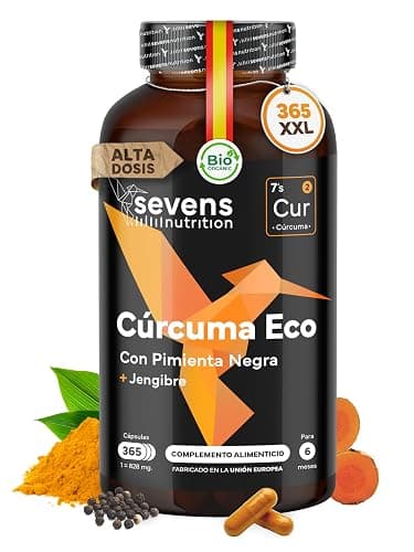 Cúrcuma con Jengibre y Pimienta Negra - 1410 mg por Dosis - 365 Cápsulas Formato Ahorro XL - Cúrcuma ECO en Cápsulas Veganas - Antiinflamatorio Natural - Apoyo Óseo y Articular - Sevens - Image 1