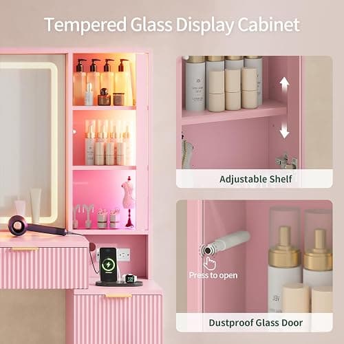 Big Vanity Desk, Fluted Makeup Vanity with Mirror Lights, Pink Vanities | Large, Charging Station, Sound Sync Chasing LED Lights, Wood Vanities, Luxury Glass Cabinets, 8 Drawers, Girls, Women thumbnail 7