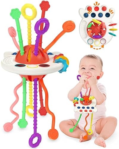 Yetonamr Baby Sensory Montessori Toys for 6-12-18 Months, Pull String Silicone Teething Toy, Toddler Birthday Gift Travel Toy for 1 2 Year Old Boy Girl Infant 8 9 10 Months Old - Red