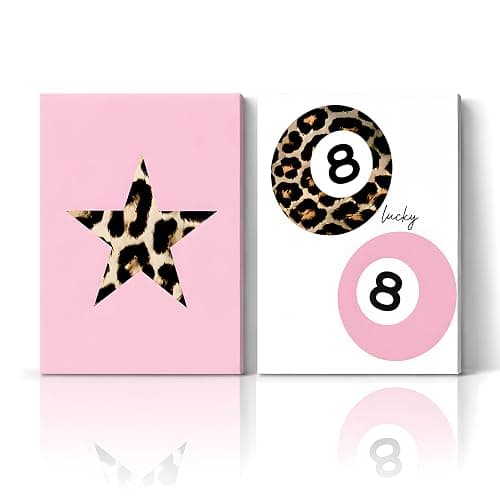 Cshylven Trendy Pink Leopard Wall Art Set of 3 Funky Retro Cheetah Canvas Wall Decor Lucky 8 Ball Poster Prints Preppy Aesthetic Pictures Artwork for Girls Room Dorm Apartment 12x16 Framed - Image 1