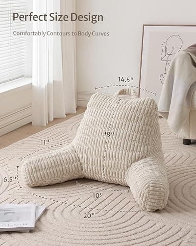 Blissful Diary Reading Pillow, Backrest Pillow with Shredded Memory Foam for Adult & Children, Designed for Bed and Couch Sitting Up, Includes Arms, Pockets and Washable Cover, Off White thumbnail 4