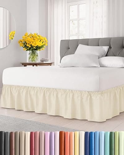 Wrap Around Dust Ruffle Bed Skirt - Off White - for Queen Size Beds w/ 24 Inch Drop - Easy Fit Elastic Strap - Adjustable Pleated Bedskirt w/Brushed Fabric - Wrinkle Free - Women, Men, Kids & Teens - Image 1