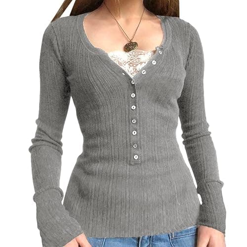 Womens Long Sleeve Henley Tops Casual Button Up Tunic Blouse Ribbed Slim Fit Shirts Y2K Lace Patchwork Pullover Shirt - Image 1