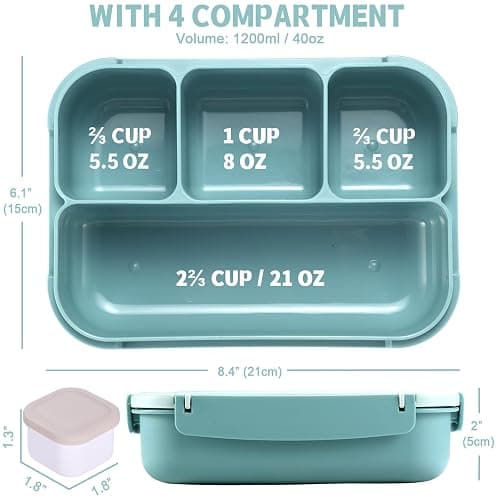 shell and turtle Bento Box Adult Lunch Box, Lunch Containers for Kids Girls Boys with 4 Compartments, Lunchable Food Container with Utensils, Sauce Jar, Muffin Liners, 40 Oz/5 Cup, Light Teal thumbnail 3