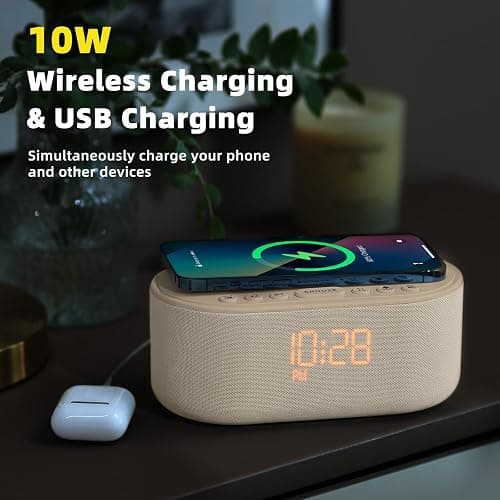Sound Machine Alarm Clock for Bedrooms: Bluetooth 10W Stereo Sound Speaker with Wireless Charging - White Noise Machine for Sleeping with 21 Soothing Sounds - Putty thumbnail 4