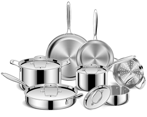 EWFEN Pots and Pans Set, 3 Ply 11 Piece Stainless Steel Cookware Set, Oven Dishwasher Safe | Induction Compatible Frying Pans, Saucepans, Saute Pan & Stock Pot, PFOA Free Kitchen Skillet - Image 1