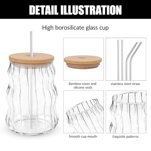 WOJVVK 2PCS 18 Oz Aesthetic Glass Cup, Cute Ribbed Glass Cups with Lids and Straws for Iced Coffee, Matcha Drinking thumbnail 6