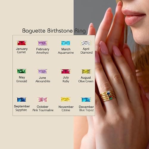 RLMOON Gold Birthstone Rings for Women Non Tarnish Gold Stackable Rings Dainty 14K Gold/Silver Plated Baguette CZ Emerald Green Ring Personalized Jewelry Gift for Birthday Size 4-10 thumbnail 5