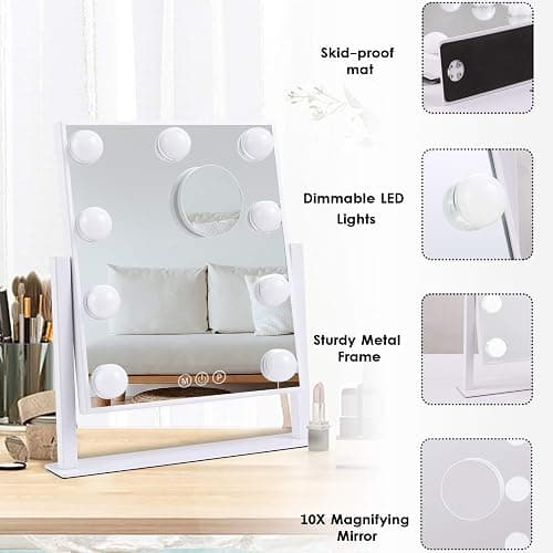 BWLLNI Lighted Makeup Mirror Hollywood Mirror Vanity Mirror with Lights, Touch Control Design 3 Colors Dimable LED Bulbs, Detachable 10X Magnification, 360°Rotation, (White) 12" L x 14" W thumbnail 4