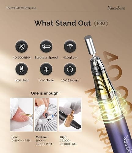 MelodySusie Professional Clip-On Rechargeable Nail Drill with Adjustable Built-in Stand and Premium Motor, MB420G 40000RPM E-File with Max Speed for All Manicure Shaping & Gel Removal for Salon Use thumbnail 3