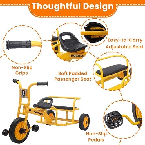 WOGDKS Kids Tricycle for Ages 3-8, Double Kids Trike with Passenger Seat | Preschool Tricycles Ages 3-5, Airless Rubber Tires, Adjustable Seat, Carbon Steel Frame, Gift for Boys Girls Ages 3-8 thumbnail 5