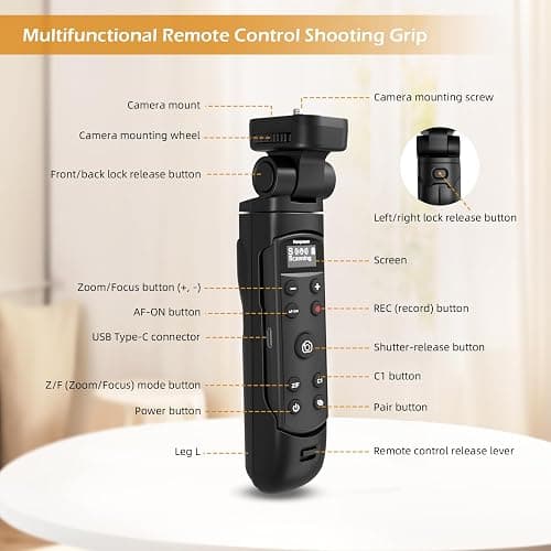 (Auris) for Sony Tripod Wireless Shooting Grip with Shutter Release - Mini-Tripod with Rechargeable Remote Control for ZV-E10/ZV-E1/ZV-1/ZV-1F/RX100 VII/RX0 II/A6700/A6400/A6600/A7 III/FX3/FX30 - for Vlogging thumbnail 8