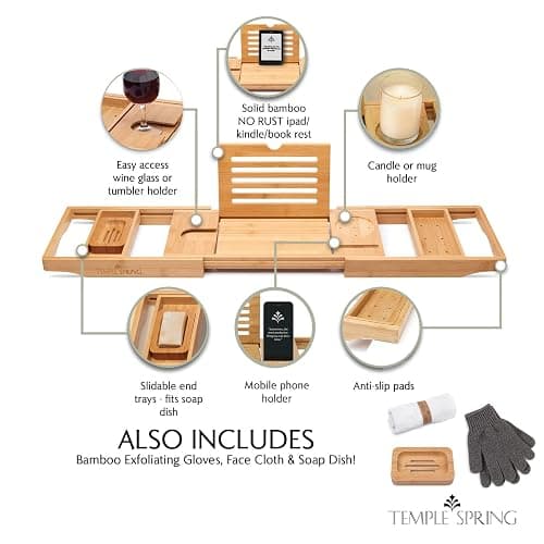 Temple Spring Bamboo Bathtub Tray Caddy for Tub — Expandable Wood Bath Tray with Solid Book Stand Wine Holder and Non-Slip Pads — Includes Bamboo Soap Dish and Spa Accessories — Luxury Bath Gift Set thumbnail 3