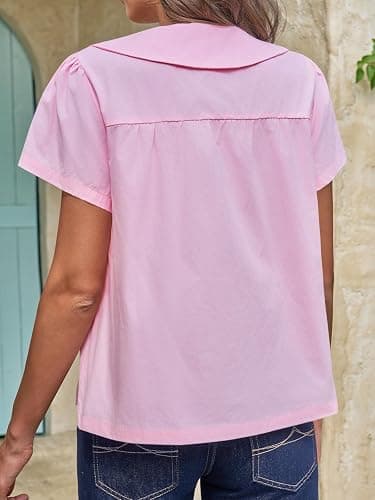 Tankaneo Womens Peter Pan Collar Button Down Shirts Short Sleeve Summer Casual Babydoll Blouse Cute Trendy Cotton Preppy Tops thumbnail 5