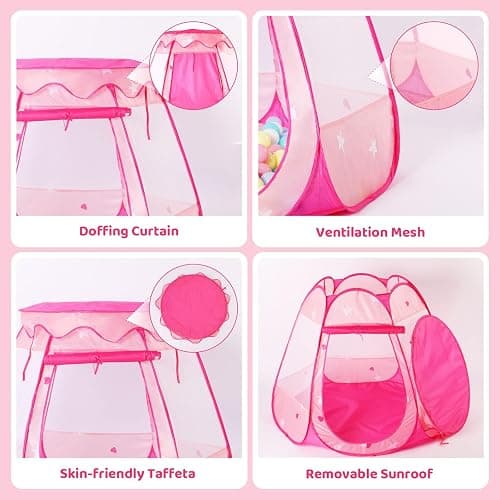 Pop Up Princess Tent with Colorful Star Lights for 1 2 3 Year Old Birthday Gift, 12-18 Months Baby Girl Toys, Foldable Ball Pit with Carrying Bag, Indoor&Outdoor Play Tent for Kids - Pink thumbnail 4