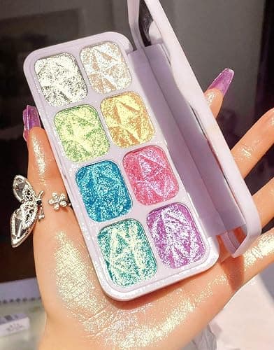 8 Color Face Cheek Highlighter Makeup Palette Shimmer Glitter Iridescent Multichrome Holographic Eyeshadow Palette Purple Rainbow Glitter Highlighter Makeup Highlight and Contour Chrome Eye Make up - Image 1