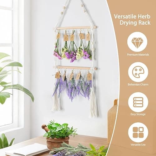 OtGalk 2-Tier Hanging Herb Drying Rack – Includes 30 Brown Gift Tags & 32ft Natural Jute Twine – Handwoven Boho Style Plant Hanger for Drying Herbs, Flowers, Sage – 37" Tall, Home Décor & Gift Idea thumbnail 5