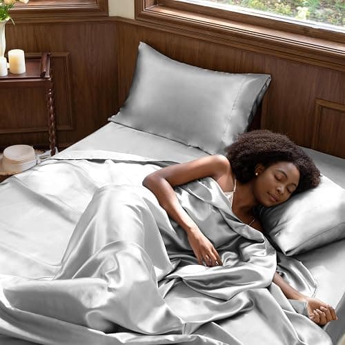 CozyLux Satin Sheets Full Size Sheets - 4 Piece Silky Full Size Bed Sheets, Luxury Light Grey Full Bed Set with Smooth and Soft Microfiber, Includes 1 Fitted Sheet, 1 Flat Sheet and 2 Pillowcases thumbnail 2