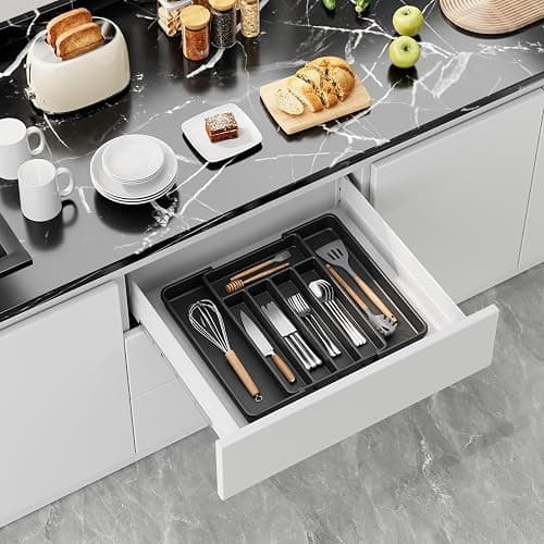 Aujen Silverware Organizer - Expandable Kitchen Drawer Organizer, Adjustable Utensil Organizer, Cutlery Tray for Forks, Knives, Multipurpose Kitchen Organizers and Storage Solution, Black, Medium thumbnail 2