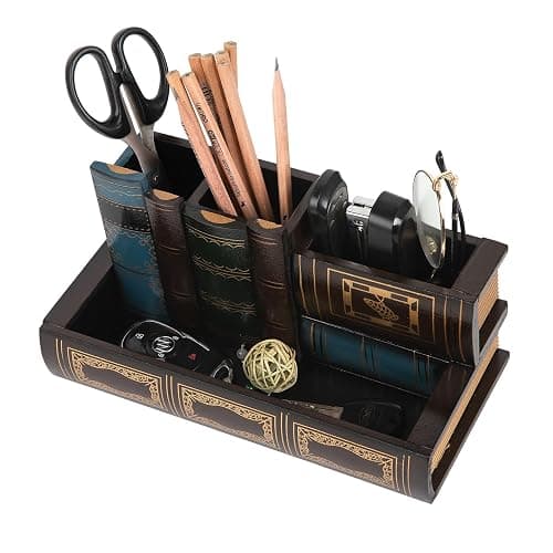 VERGOODR Decorative Pencil and Pen Holder with Storage Drawer, Wooden Desk Organizer Caddy, Antique Library Books Design Pen Cup for Office Supplies, Countertop, Desk,Table (Reddish brown) thumbnail 4