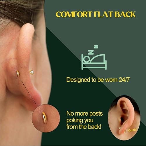 Flat Back Earrings Studs - 14K Gold Filled Internal Thread Stud 18G 16G Piercing Jewelry for Cartilage Helix Tragus Hypoallergenic Labret Lip Conch Nose Rings 316L Stainless Steel Stud for Women Men thumbnail 4