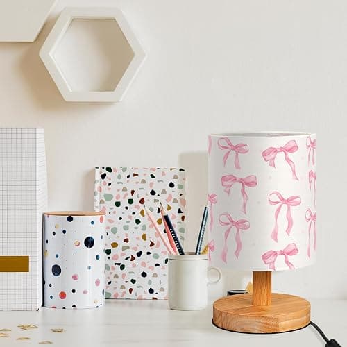VIHOSE Bow Kids Table Lamp for Bedroom Kids Bedside Lamp with Linen Wooden Nightstand Cartoon Nursery Lampshade for Girls Boys Living Room thumbnail 3