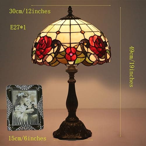 Lampe Tiffany Stil Tischlampe, Schreibtisch Schlafzimmer Lesung Bankierlampe, Beige Rot Buntglas Mediterran Libelle Lampenschirm, W12 H19 Zoll, Mission Nacht Wohnzimmer Tischleuchte,Resin base thumbnail 6