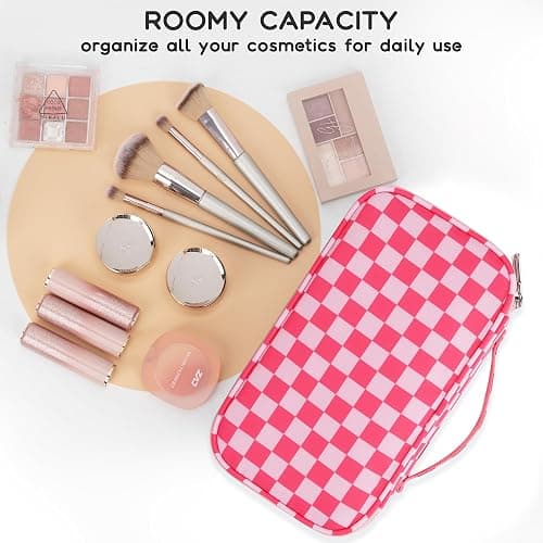 Relavel Makeup Bag, Cute Travel Cosmetic Bag, Small Pink Make Up Bags, Portable Toiletry Storage for Women Girl, Waterproof Makeup Organizer for Gym, Camping, Trip, Daily Use - Rose Red thumbnail 7