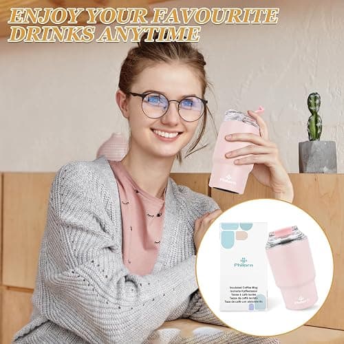 Philorn Coffee Cup Travel Mug, 14OZ/400ml Insulated Coffee Cup | with Double Wall, Reusable Coffee Cups with Lid & Straw, Pink Travel Cup for Hot and Cold Drinks thumbnail 6