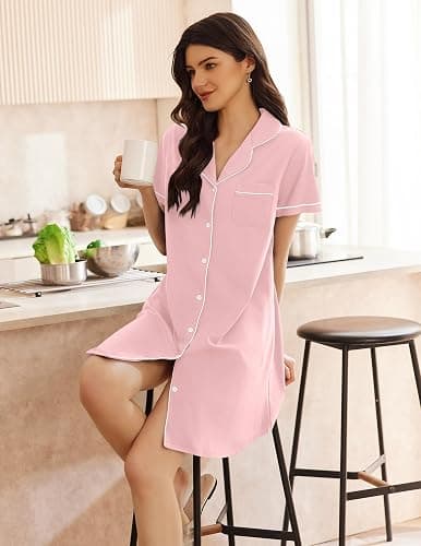 Ekouaer Nightgowns for Women Bamboo Viscose Sleep Shirts Button Down Night Shirt Short Sleeve Boyfriend Pajama Dress thumbnail 4