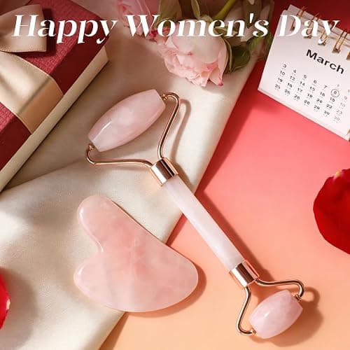 BAIMEI Gua Sha Stein und Gesichtsroller Rosenquarz，Guasha Set Beauty Massager, Jade Roller, Verbesserung Von Feinen Linien，Geschenk für Frauen thumbnail 2