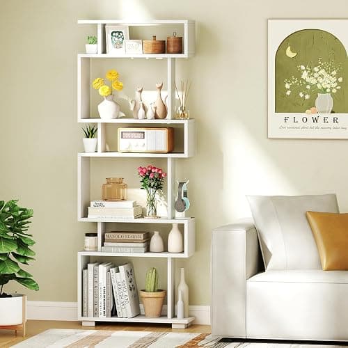 Giantex 6-Tier Geometric Bookcase, 64" Tall S-Shaped Bookshelf with Anti-Tipping Kit, Wood Freestanding Decorative Storage Display Shelves for Living Room, Bedroom & Home Office, White thumbnail 2