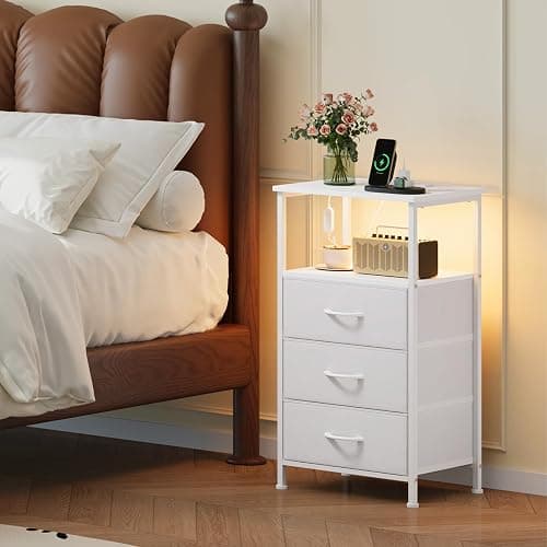Somdot White Nightstand with Charging Station and LED Light for Bedroom, Tall 3 Drawers Dresser with Fabric Bins for Bedside Kids Dorm Room Closet Laundry Entryway, White Leather thumbnail 2