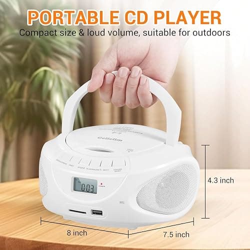 Portable CD Player Boombox with Bluetooth, AM/FM Radio CD Player with Stereo Speakers, USB/SD/AUX Input, Headphone Jack, AC or Battery Operated Compact CD Player for Home, Kids & Seniors, White thumbnail 6