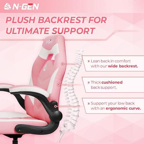 N-GEN Video Gaming Chair Ergonomic Computer Desk Office Chair with Lumbar Support Adjustable Height Swivel Wheels Flip-Up Arms PU Leather Home and Office (Pink) thumbnail 4