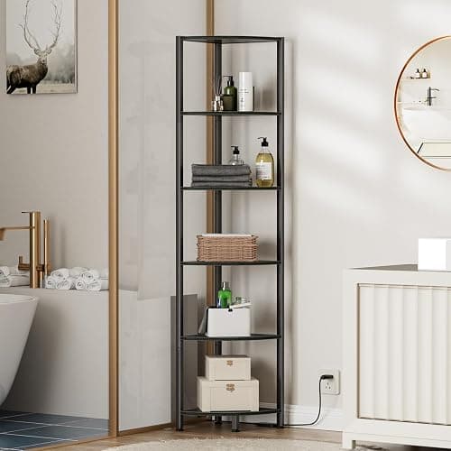 Furnulem 6 Tier Corner Shelf with LED Light, 67.5” Tall Standing Shelf Organizer, Black Narrow Bookshelf with Storage Rack for Wall Corner, Living Room, Bedroom, Metal Frame, Wood Display Shelf thumbnail 5