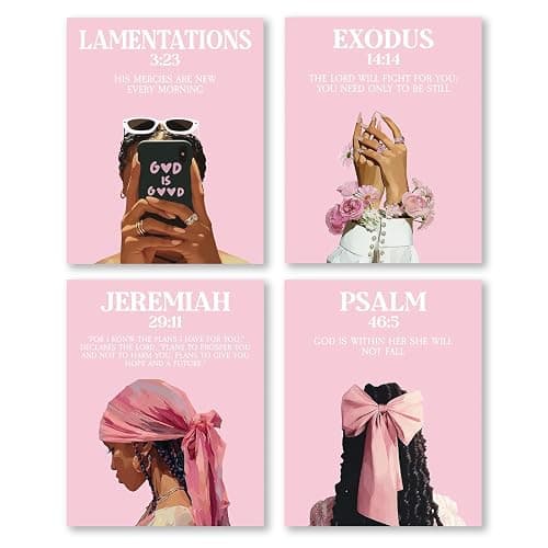 Pleonox Pink Christian Black Women Wall Art Prints 8x10 Inch Set of 4, Trendy Preppy African American Woman Bible Verse Pictures Wall Decor for Black Girl Room Bedroom Home Living Room, Unframed - Image 1