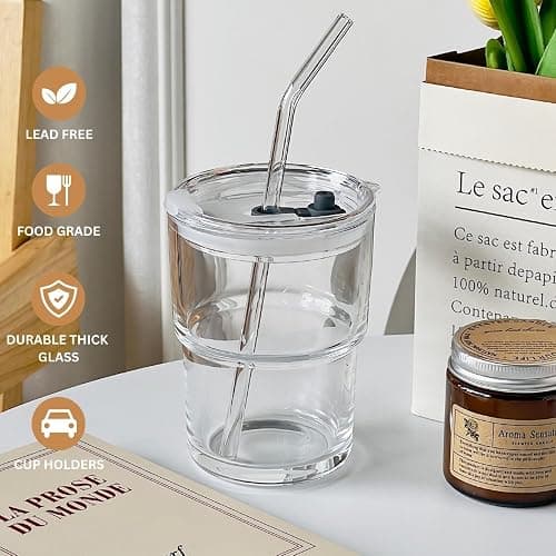 Olvini 13oz Glass Tumbler with Straw and Lid, Reusable Iced Coffee Cup Tumbler, Cute Glass Cups for Water, Matcha, Travel Coffee Mugs (Bon Appétit) thumbnail 5