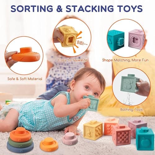 Wuzhineisn Montessori Baby Toy Sorting Stacking Learning Toys Wooden Building Blocks, Xylophone Musical, Infant Teethers Toys for Baby, 6 in 1 Toy Birthday Gifts for Toddlers thumbnail 4
