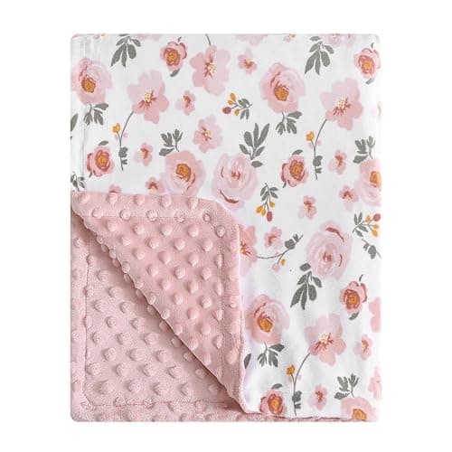 DaysU Silky Micro Soft Plush Baby Blankets for Girls with Print Floral Pattern and Soothing Raised Dots, Double Layer Bed Throws for Baby Crib, Blossom, Pink, 30x40 Inches - Image 1
