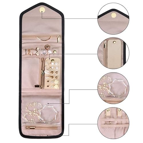BAGSMART Travel Jewelry Organizer Case Foldable Jewelry Roll for Journey Rings, Necklaces, Earrings, Bracelets, Mini, Black thumbnail 8