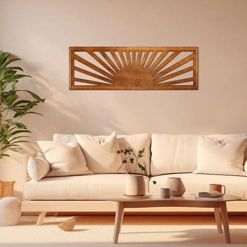 Burbell Sun Wall Art Decor 35'' x 12'' Large Boho Sun Wall Decor Wooden Horizontal Vintage Bohemian Hanging Rectangle Panoramic Above Bed Decoration for Bedroom Home(Dark Brown) - Image 1