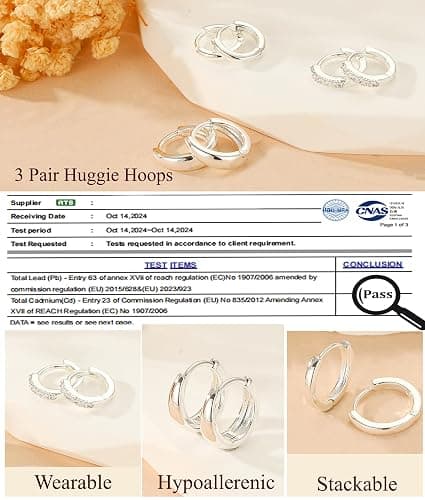 DORANA Jewelry for Her Gift 3 Pairs 925 Sterling Silver Earrings for Women Non Tarnish 14K Gold Plated Small Hypoallergenic Huggie Hoops Cartilage Stack Earring Sets for Multiple Piercing thumbnail 3