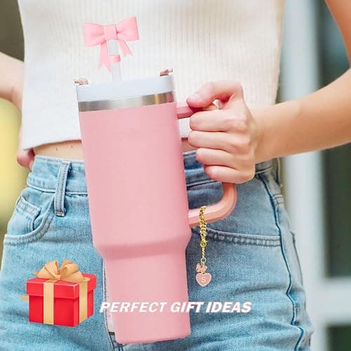 LUHOHI Pink Bow for Stanley Straw Topper- 3pcs Cute Cup Bow Straw Cover Silicone Cap 10mm with 2pcs Initial Letter Charms Name Id Personalized Accessories 40/30 Oz Tumbler Water Bottle Cups S thumbnail 2