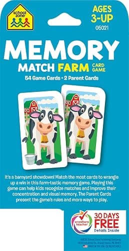 School Zone Memory Match Farm Card Game: 56 Game Cards, Preschool, Kindergarten, Animals, Early Reading, Counting, Matching, Vocabulary, Ages 3+ thumbnail 2