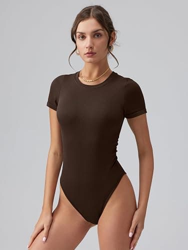 OQQ Women's Crew Neck Short Sleeve Bodysuit Ruched Stretch Vacation Basic for Tops Spring & Summer thumbnail 2