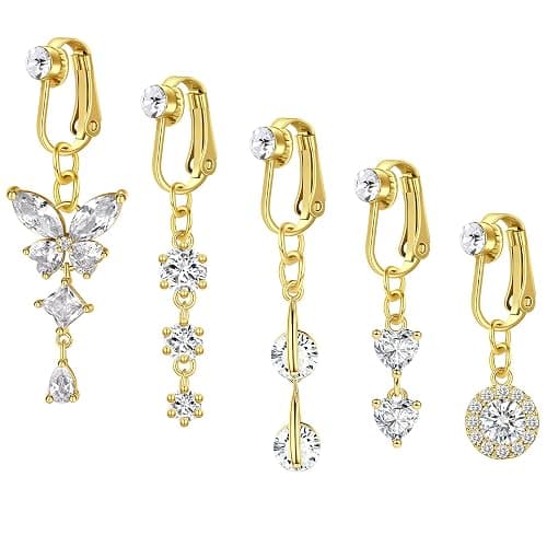 Incaton Fake Belly Button Ring Clip-On for Women - CZ Dangle Heart Non-Piercing Jewelry - Gold - Image 1