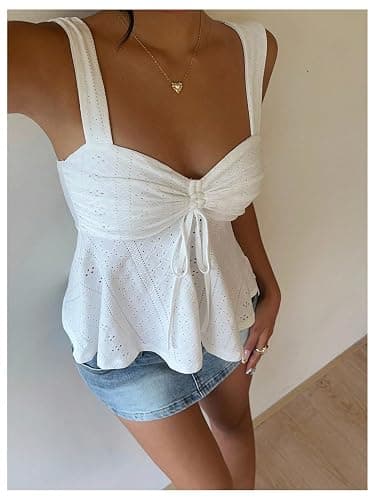 Milumia Women's Eyelet Tie Front Ruched Tank Tops Y2k Drawstring Sexy Going Out Top thumbnail 2