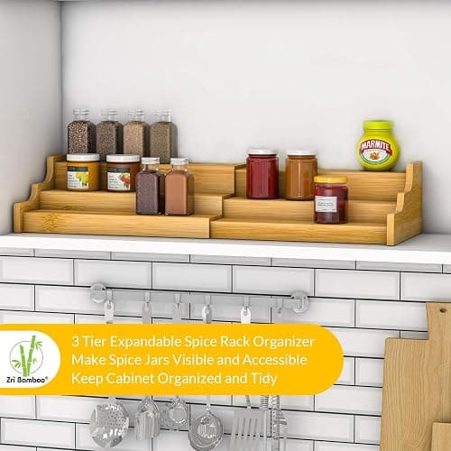 Spice Rack Kitchen Cabinet Organizer- 3 Tier Bamboo Expandable Display Shelf Yellow thumbnail 5